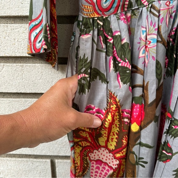 Handmade Cotton Block Print Floral Dress Gray Pink Tassel Tie Boho S India - Picture 8 of 10